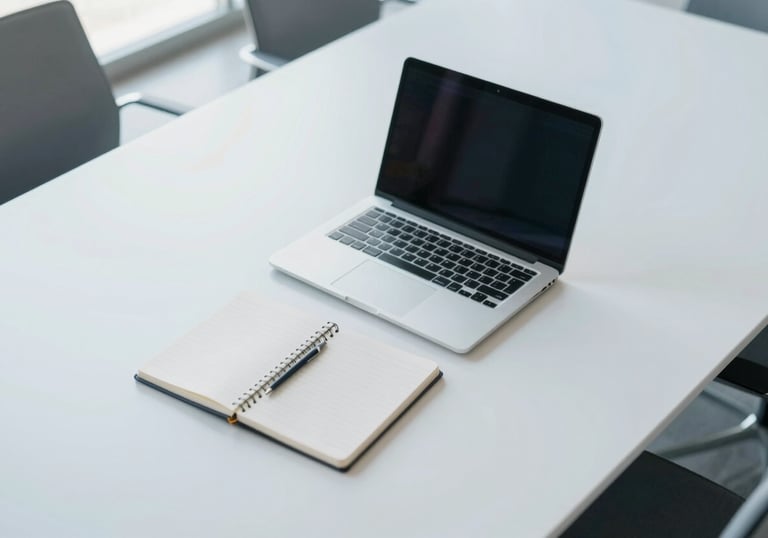 An aerial view of a clean, organized office conference table with a laptop and a notebook, bathed in soft morning light with #F7F9FB tones.