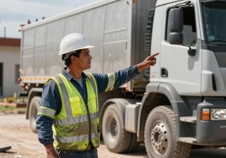 A professional construction worker in high-visibility gear at a South American / Brazilian residential project, signaling to a concrete truck. Daylight, sharp details, slate grey-blue colors.