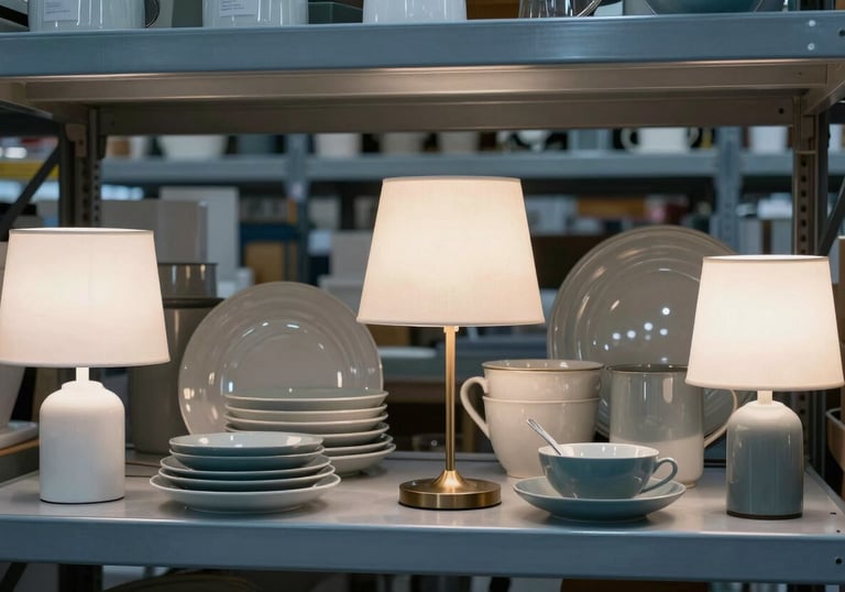 A modern photograph showing a variety of household goods including elegant lamps and kitchenware in a Western European / Dutch warehouse setting. The composition is clean and organized, featuring steel blue tones.