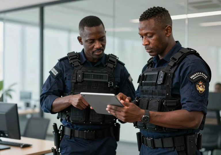 Two African security experts in professional tactical uniforms coordinating operations using a digital tablet in a clean, modern glass-walled office.