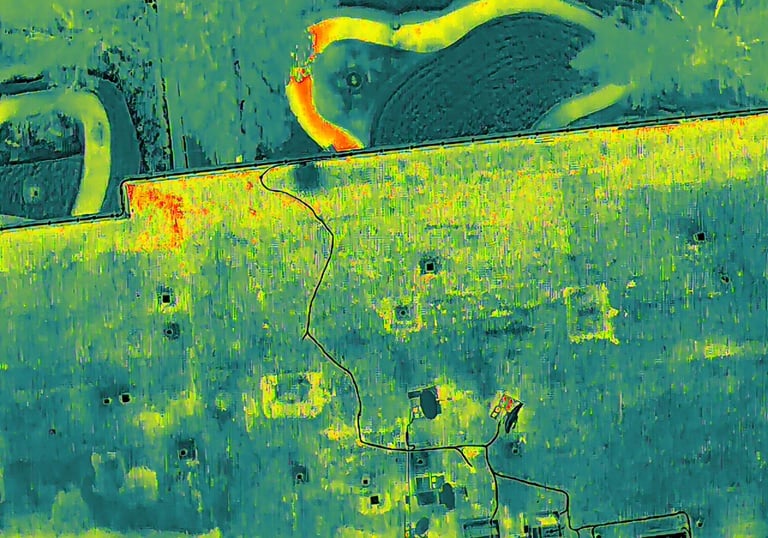 Thermal Image of aged roof showing signs of moisture intrusion