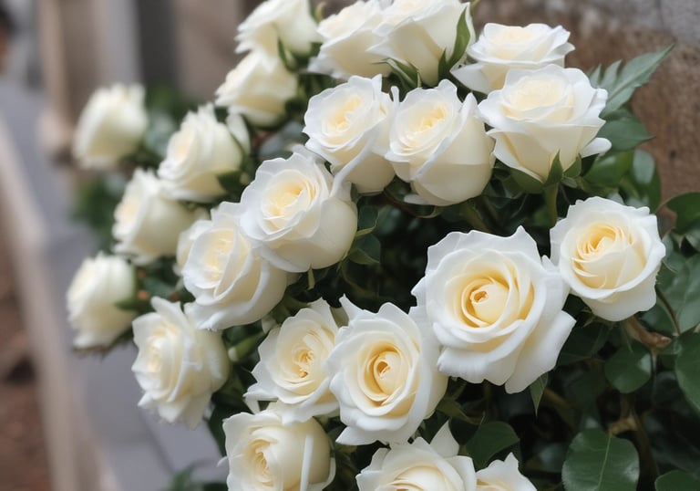 Close-up of a custom funeral cross made of preserved roses and eucalyptus leaves.