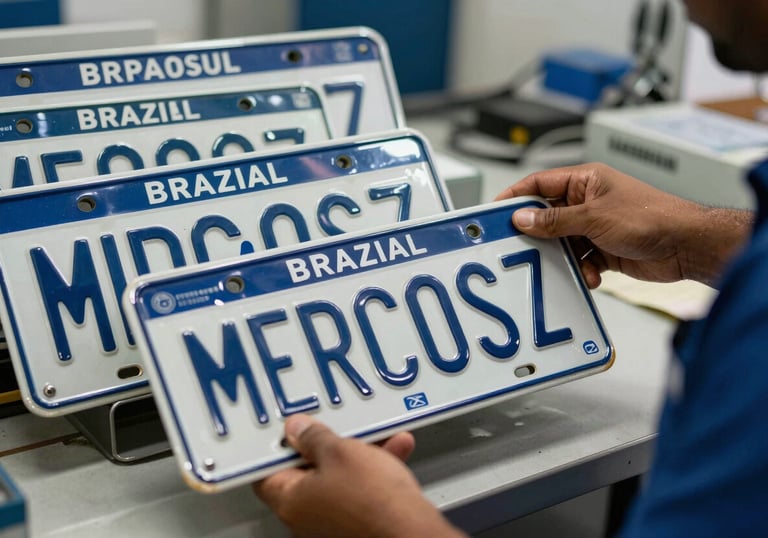 A set of new Brazilian Mercosul license plates being handled by a professional in a South American / Brazilian service agency, focus on the blue and white colors.
