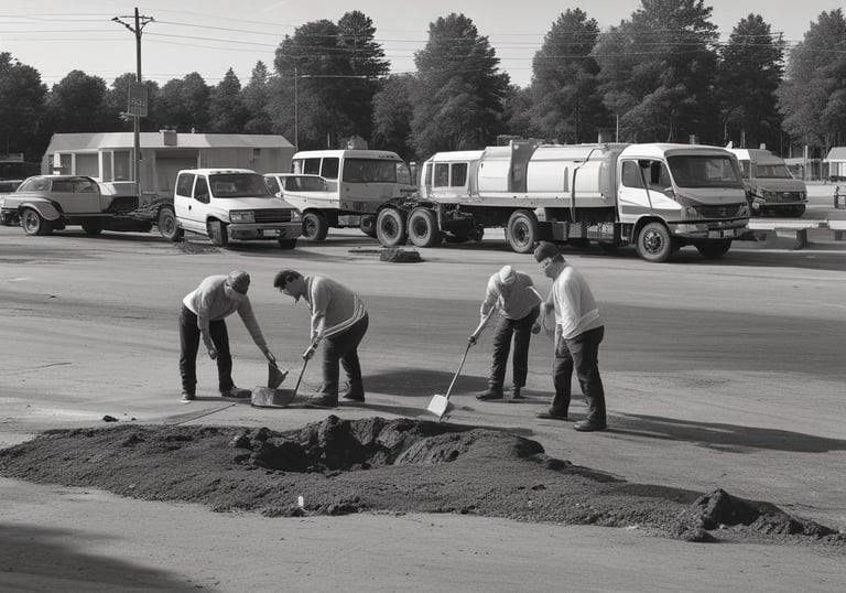Close-up of a worker filling a pothole in a commercial parking lot under bright daylight.