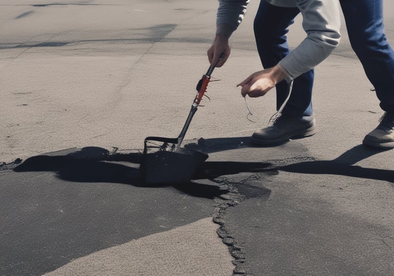 Before and after shots of a driveway with freshly painted lines and repaired cracks.