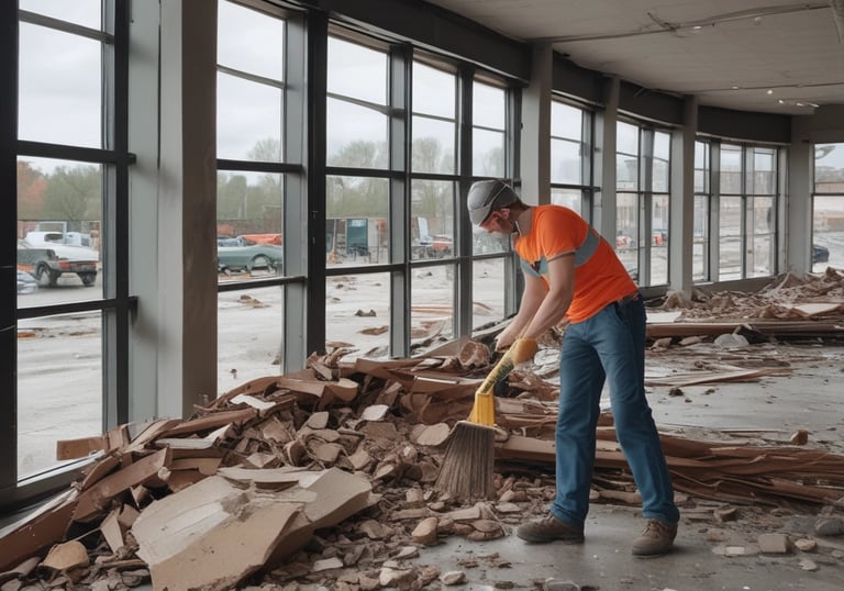 Team clearing debris and junk from a residential property during a move-out cleanup.