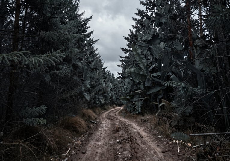 A narrow, muddy trail path leading deep into a dense dark slate grey forest under an overcast, moody sky.