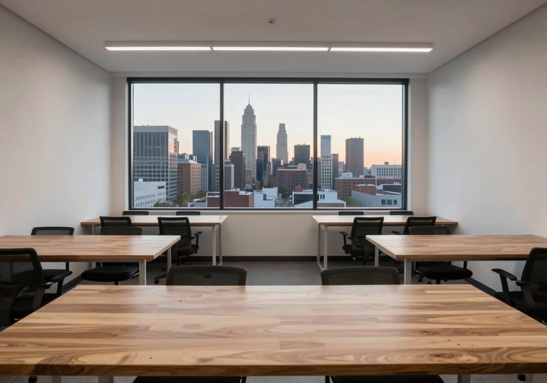 A wide view of a minimalist tech hub workspace with natural wood tables, white walls, and a large window overlooking a North American urban skyline at sunrise.