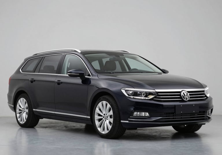 A professional automotive photo of a black VW Passat B6 Variant. The setting is modern and minimalist, highlighting the car's utility and value. Brand colors #0A1128 and #F8F9FA are reflected in the clean environment.