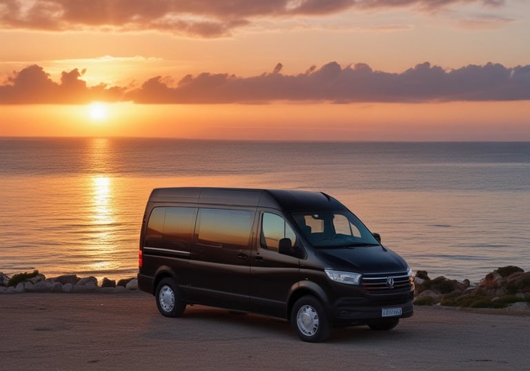 A sleek car parked near a scenic coastal road in Sicily at sunset.