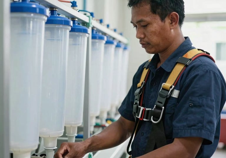 An Indonesian professional technician wearing a safety harness and dark blue uniform standing next to a row of sanitized water filters in a bright environment.