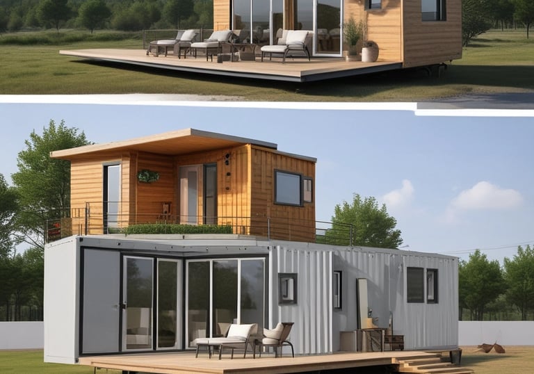 A charming small wooden cabin surrounded by trees in soft sunlight.