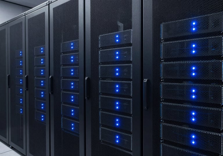 A minimalist, high-quality photograph of a modern server room with glowing blue status lights. The atmosphere is professional, orderly, and technologically advanced.