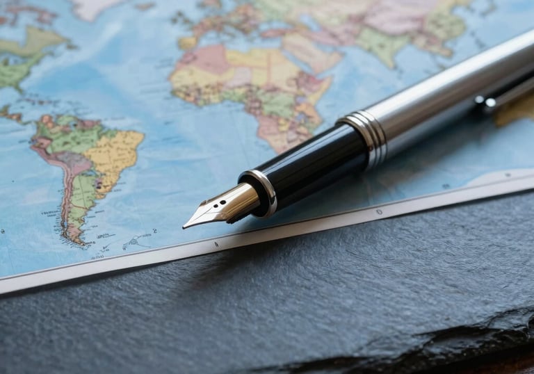 A close-up, sharp-focus photograph of a world map and a silver fountain pen on a desk made of dark slate blue wood. The image is sophisticated and authoritative, suggesting strategic global trade planning in a professional setting.