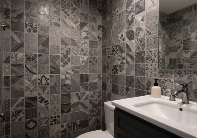 Photography of a completed bathroom renovation featuring sophisticated tile patterns, Charcoal accents, and modern North American fixtures.
