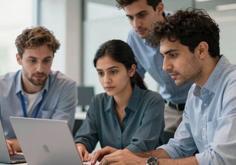 A team of engineers in a bright, contemporary Belgrade office looking at a laptop screen, Eastern European / Balkan, with South Asian / Southeast Asian focus, professional and collaborative atmosphere.