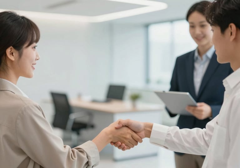 A handshake between a student and a professional recruiter in a bright office lobby, symbolizing career pathways and employment, clean and modern style with #F7F2EB and #B48C5B tones.