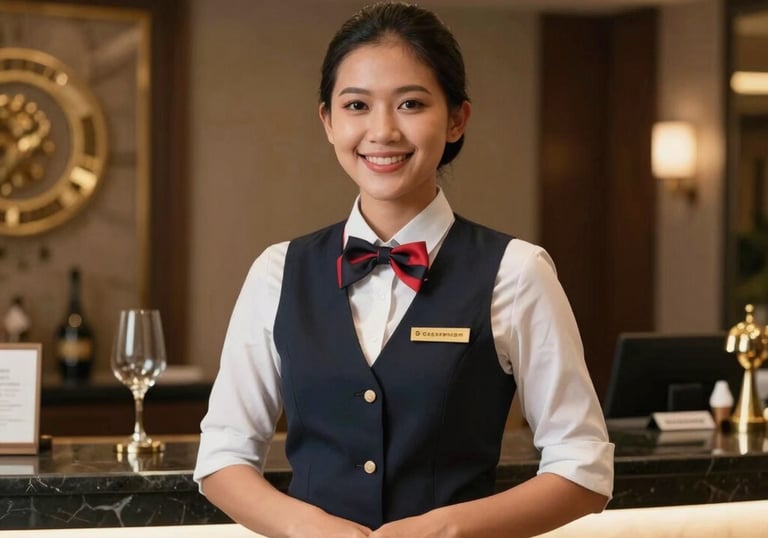 A professional Southeast Asian / Indonesian hotel staff member smiling in a luxury hotel reception in Germany, warm lighting, high-end hospitality environment.