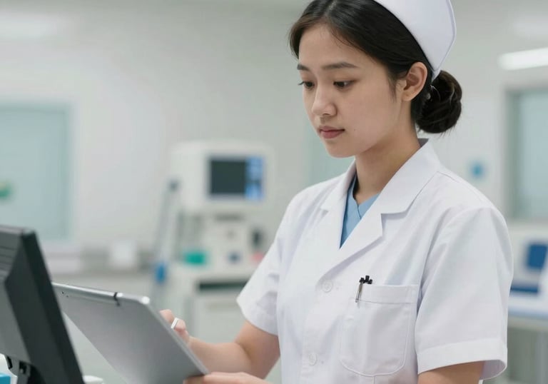 A young Southeast Asian / Indonesian nursing student in a professional white medical uniform working in a clean, modern German healthcare facility, caring and bright professional mood.
