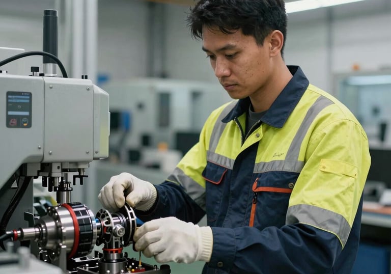 A focused young Southeast Asian / Indonesian mechanical engineer in a modern German industrial workshop environment, wearing safety gear, surrounded by advanced machinery.