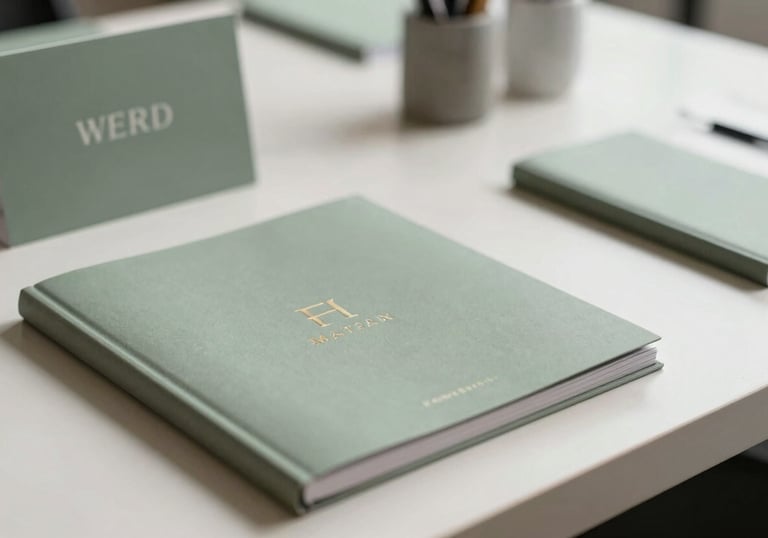 A sophisticated corporate event setup with branding materials visible, shot in a bright space with muted sage accents.