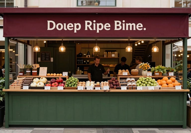 A wide shot of a modern food market stall with high-quality branding in Deep Ripe Crimson and Matte Forest Green tones.