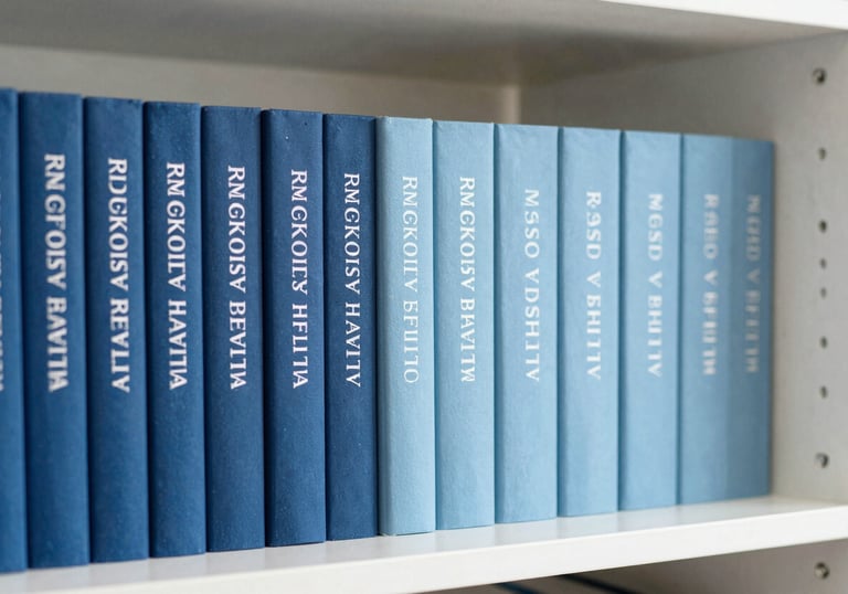 A shelf in a Western European / French office containing professional books on psychology, organized neatly with ocean blue and soft dusty blue bindings, bright and clean.