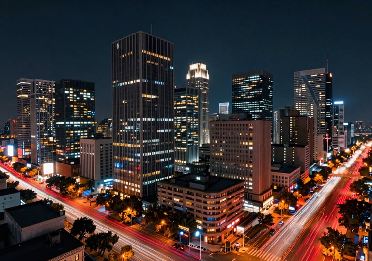 A wide cinematic shot of a modern city skyline at night with streaks of red light from traffic, conveying movement and global impact.