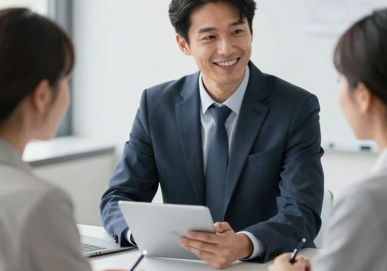 A professional consultant discussing project plans with a client in a cozy office.