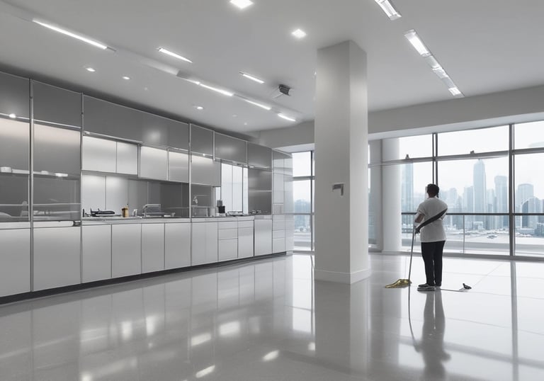 A person wearing a blue uniform and gloves is pushing a cleaning cart adorned with multiple small Union Jack flags. The environment appears to be a busy place, possibly a station or airport, with people in the background walking or standing.