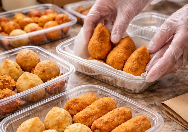 coxinhas sendo embaladas com cuidado para entrega delivery em Ribeirão preto