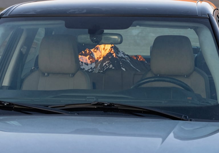 A stunning photograph of a luxury SUV's windshield perfectly reflecting a sharp, clear North American mountain sunrise, illustrating the theme of clarity and high-quality glass.
