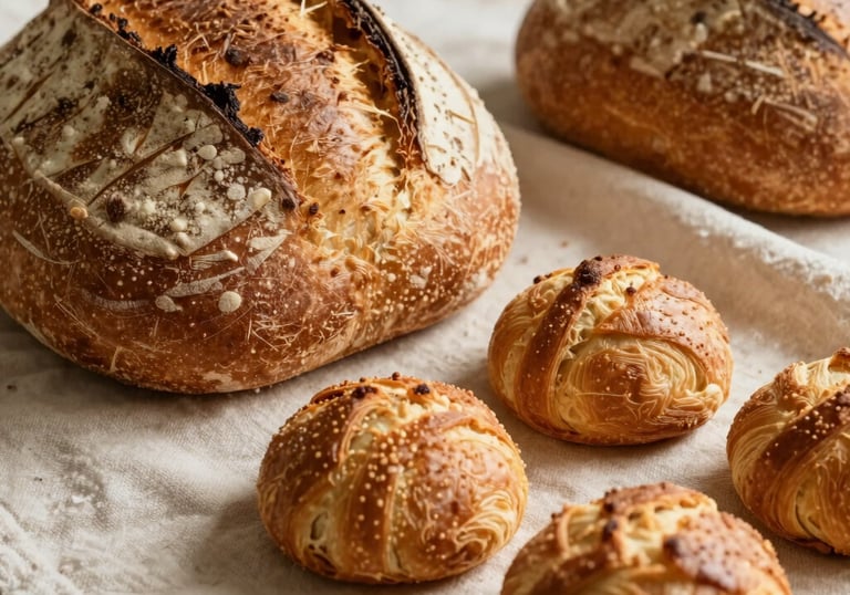A close-up photograph of artisan sourdough bread and golden-brown pastries arranged on a warm cream linen cloth in a North American bakery style. Soft morning light emphasizes the textures.