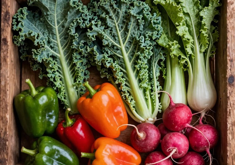A beautiful top-down shot of organic, colorful vegetables like kale, peppers, and radishes inside a rustic dark brown wooden crate. North American farm aesthetic.