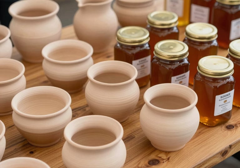 Handcrafted pottery items and jars of local honey displayed on an oak wooden table at a market in North America. The lighting is warm and community-focused.