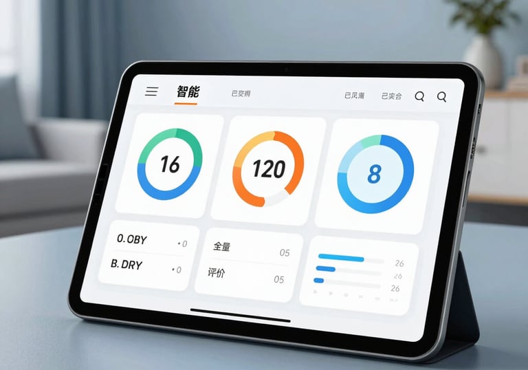 Modern smart home interface on a tablet screen, showing energy consumption metrics, in a clean European interior with soft blue tones.