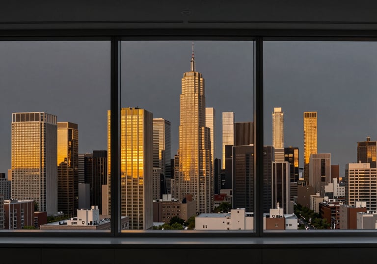 A high-end urban office window view at dusk. The city skyline glows in rich gold against a deep charcoal sky. Minimalist interior framing.