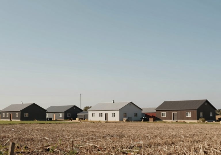 A wide-angle view of an orderly farmstead under a clear blue-grey sky. The buildings are well-maintained, representing modern quality and reliability. Palette: #F4F0E7, #6F624C.