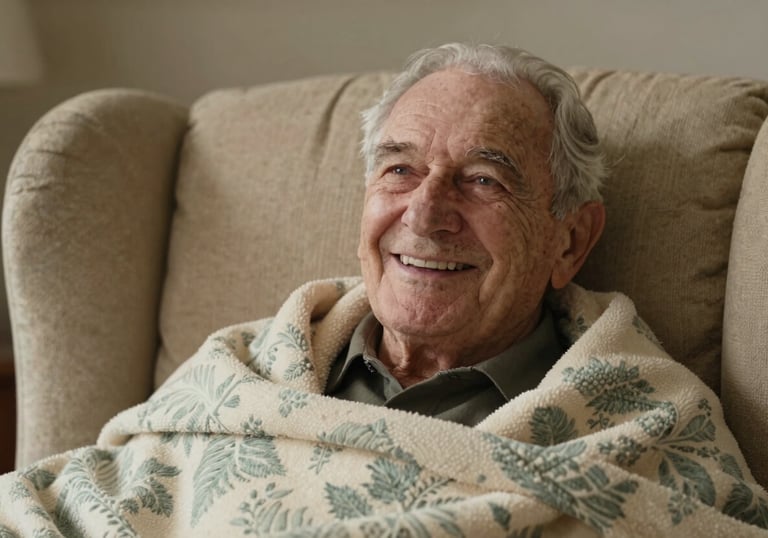 A close-up shot of an elderly veteran man smiling happily while sitting in a comfortable armchair with a warm cream and pale misty green patterned blanket.
