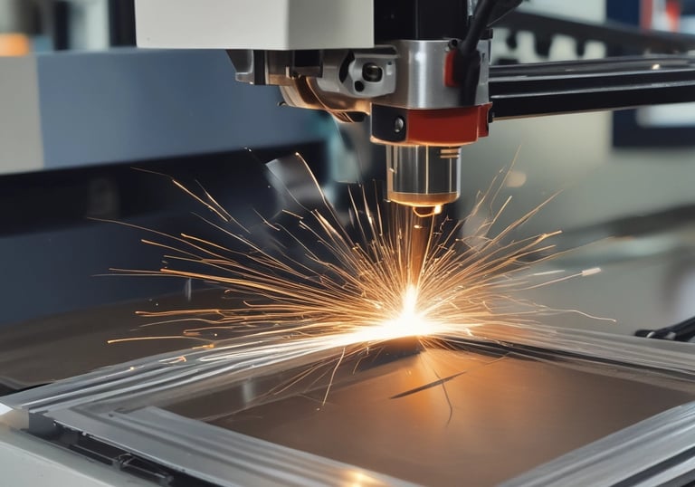 Close-up of a CNC machine cutting a metal piece with sparks flying.