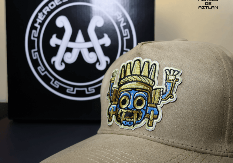 gorra tlaloc chac dios de la lluvia azul dorado bordado gamuza premiun caps mexico