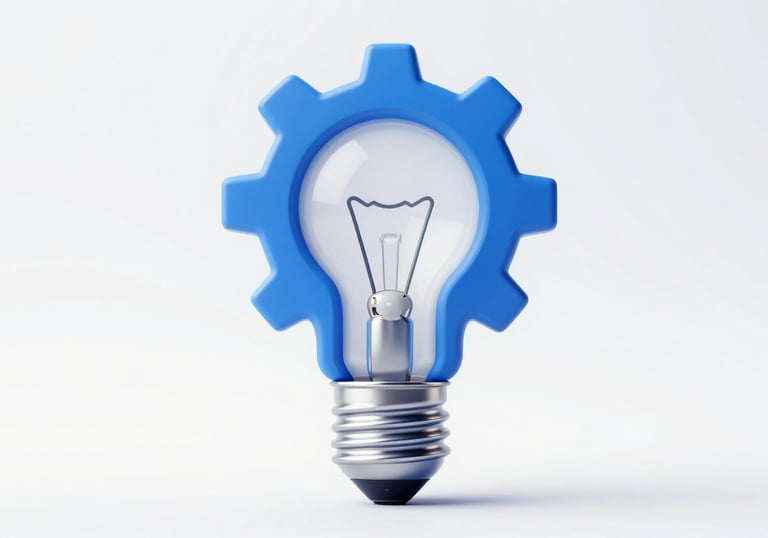 A sleek 3D illustration of a lightbulb fused with a gear, symbolizing innovation and utility, colored in #7DAFB8 and #1A2E3C.