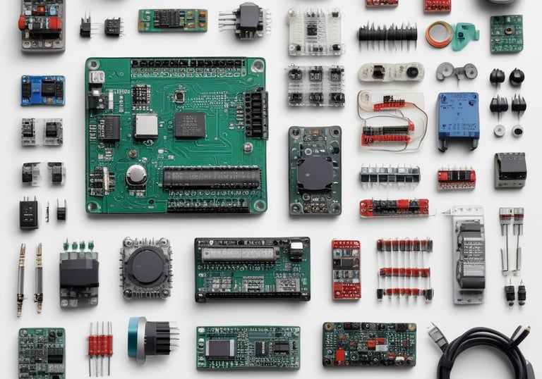Close-up of electronic components and modules neatly arranged on a workbench.