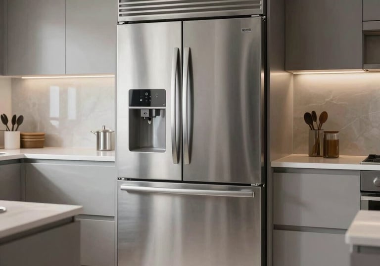 A wide shot of a modern, clean Middle Eastern / Gulf kitchen with high-end stainless steel appliances including a double-door refrigerator.