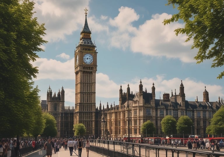 A Royal Travels vehicle cruising along a scenic countryside road with rolling green hills in the background.
