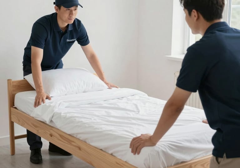 Delivery team carefully carrying a boxed mattress into a modern Roman apartment.