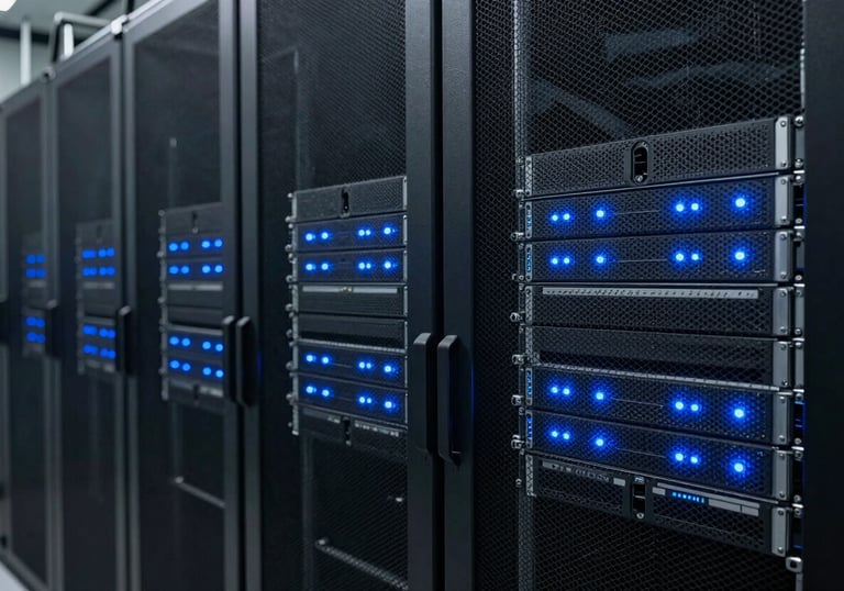 A secure, organized data center with server racks and blue status LEDs, representing high-speed medical data processing and reliable acquisition.