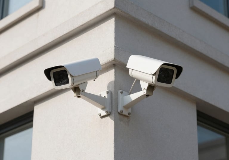 Surveillance bullet camera mounted on a building corner capturing wide area.