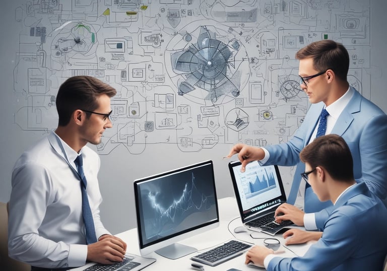 Business meeting with consultants discussing IT strategy over laptops and charts.