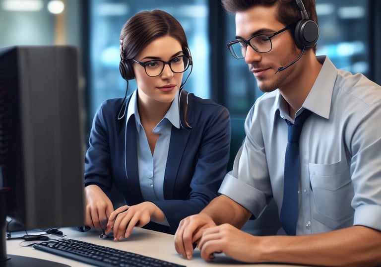 Technician providing remote IT support with multiple screens displaying system diagnostics.